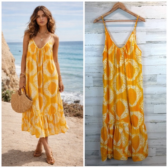 Electric & Rose Dresses & Skirts - Electric & Rose Laney Yellow Tie Dye Boho Maxi Dress L Spaghetti Strap Summer